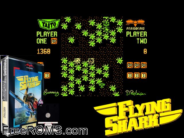 Flying Shark (UK) (1987) [a1] Amstrad CPC game showing 3D box cover and gameplay screenshot